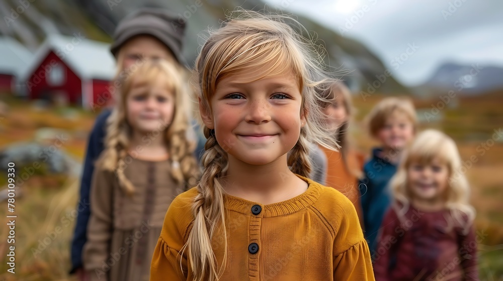 children of norway, A smiling young girl in a mustard-colored dress stands in focus with a group of blurry children in the background in a rural setting. 