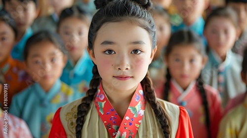 children of north korea, Portrait of a young girl in traditional attire with classmates in the background focused on cultural education and diversity, ideal for educational and cultural themes.  photo