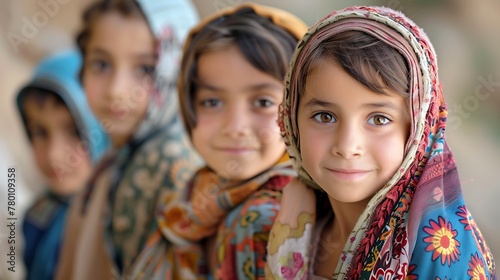 children of pakistan, A group of smiling children with colorful traditional headscarves posing for the camera in a natural setting. 