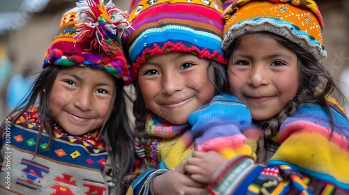 children of peru, Three smiling children wearing colorful traditional Andean clothing pose for the camera with a natural background. 