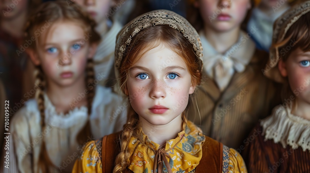 children of russia, A young girl with striking blue eyes stands out in a group of children dressed in vintage clothing, evoking a sense of nostalgia and innocence. 