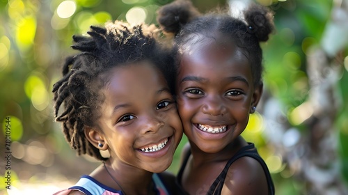 children of saint kitts and nevis, Two joyful young girls with beautiful smiles embracing in a natural outdoor setting, radiating happiness and friendship.  photo