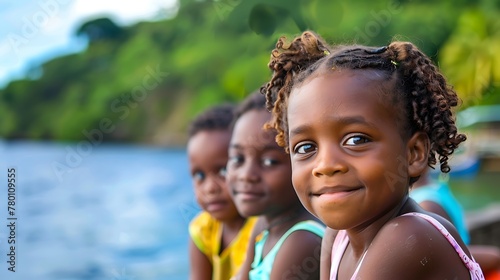 children of saint lucia, A group of smiling children enjoying a bright day by the water with tropical scenery in the background. 