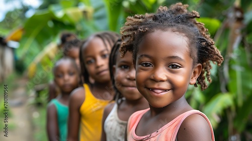 children of saint vincent and the grenadines, A smiling child with friends lined up in the background in a lush, green outdoor setting.  photo