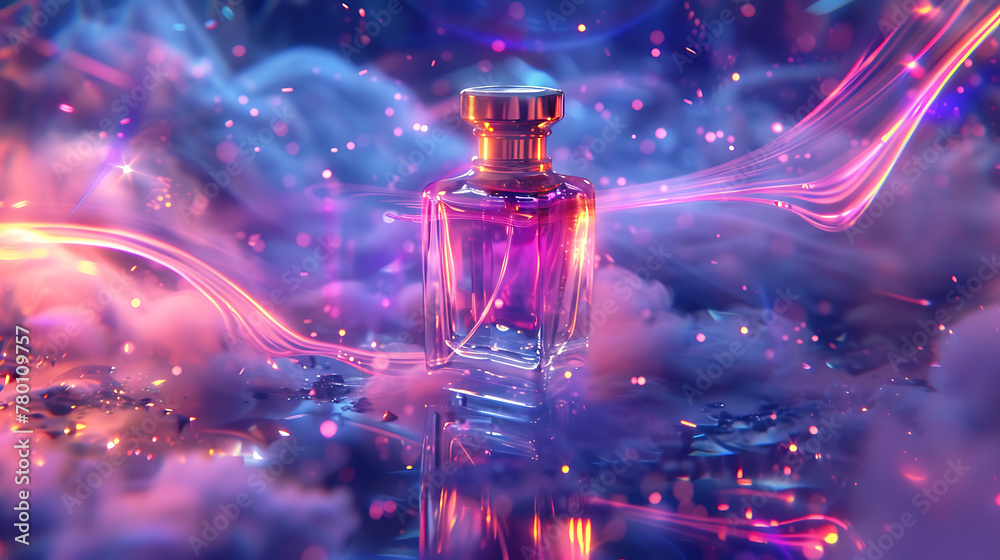 a translucent perfume bottle suspended mid-air, surrounded by swirling ribbons of vibrant, neon-colored light. a translucent perfume bottle suspended mid-air, surrounded by swirling ribbons of vibrant, neon-colored light.