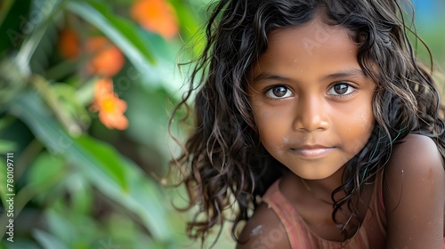 Children of Sri Lanka. A portrait of a young girl with curly hair and bright eyes against a blurred natural background with orange flowers. © Vivid Canvas