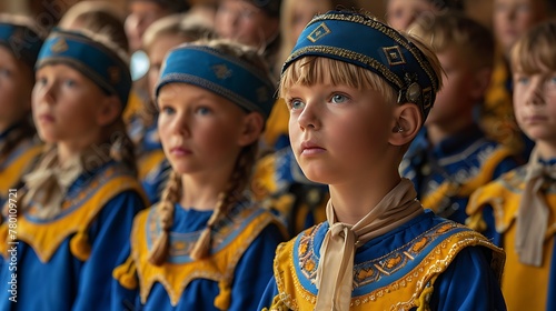 Children of Sweden. Group of children dressed in traditional blue and gold costumes attentively watching a performance.