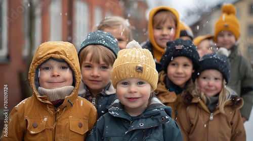 Children of Sweden. A group of happy children wearing winter hats and jackets smiles as snowflakes fall around them.