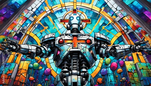 Robot Standing in Front of Stained Glass Window. Generative AI
