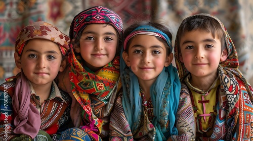 Children of Tajikistan. Four smiling children in traditional attire sitting in front of a textile background 