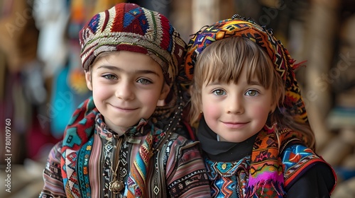 Children of Tajikistan. Two children in colorful traditional clothing smile at the camera with a blurred background of ethnic textiles and crafts 