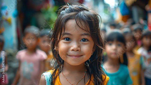 Children of Thailand. A young girl with a captivating smile stands in focus with other blurred children in the background on a bustling street scene. 