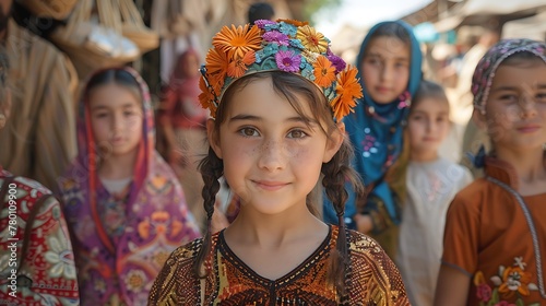 Children of Uzbekistan.  Young girl with floral headpiece smiling in a traditional market setting. 
