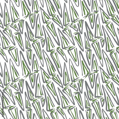 Seamless abstract textured pattern. Simple background green, grey, white. Triangles, lines. Digital brush strokes. Design for textile fabrics, wrapping paper, background, wallpaper, cover.