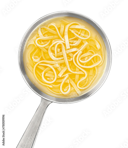 Instant noodle soup in ladle isolated on white background, top view