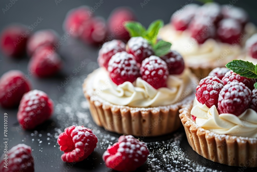 Delicious raspberry mini tarts (tartlets) with whipped cream on dark background