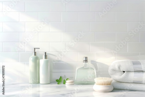 Towels and ceramics shampoo or soap on top marble table in bathroom background.