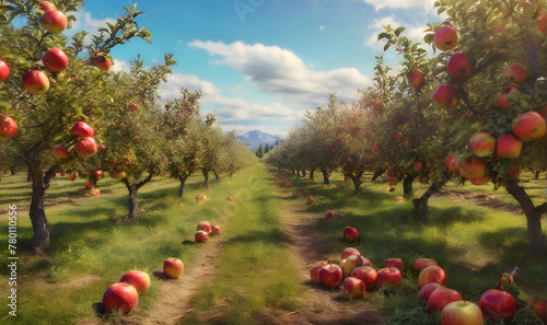 An apple orchard, trees with ripe apples on them.