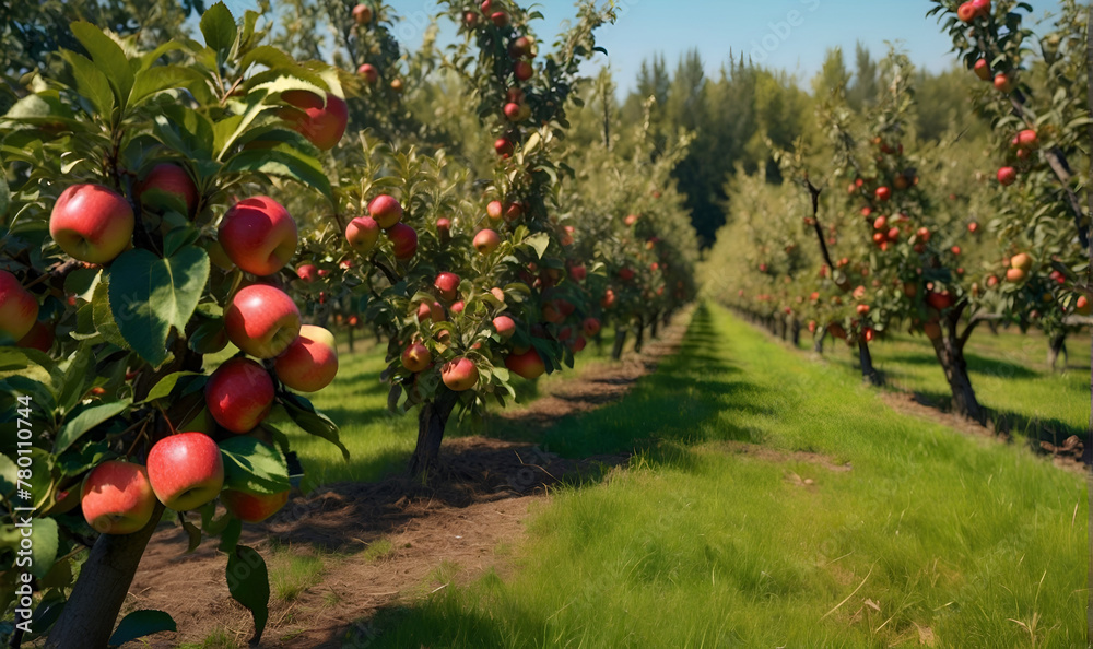 An apple orchard, trees with ripe apples on them.