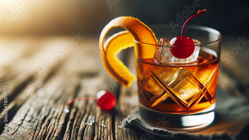 old fashioned cocktail, elegantly served with a twist of orange and a cherry photo