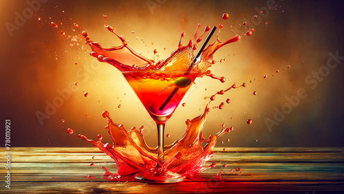 cocktail in a glass, mid-splash, against a neutral background.