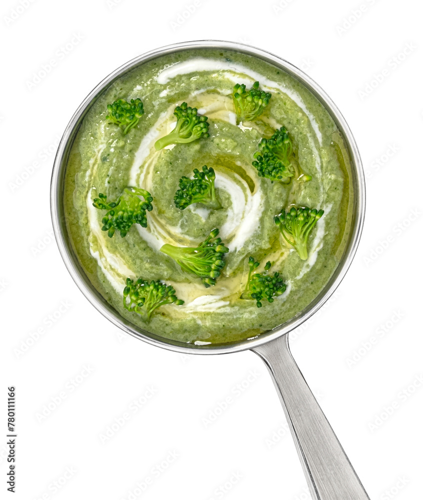 Broccoli cream soup in ladle isolated on white background, top view Broccoli cream soup in ladle isolated on white background, top view