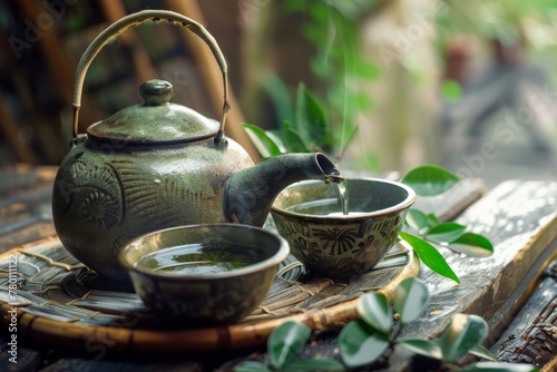 An artistic tea set with a pot and cups, surrounded by calming green foliage, evokes a serene ambiance. Traditional Asian Tea Set in Tranquil Setting