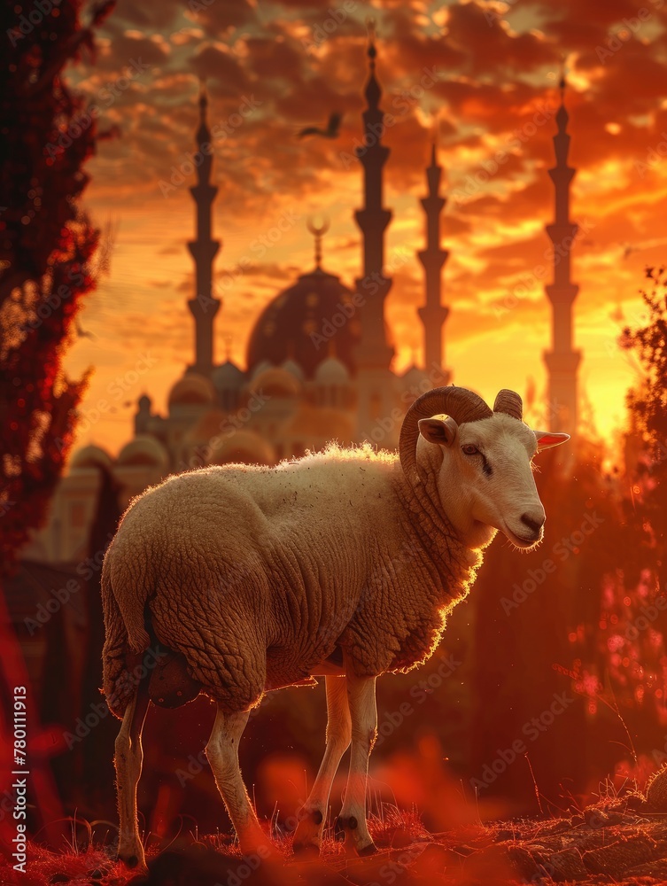 Obraz premium eid al adha, sheep and mosque background - generative ai