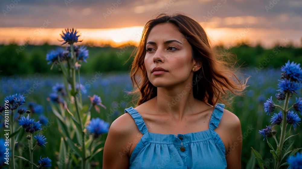 Woman walking in a field of flowers Woman walking in a field of flowers