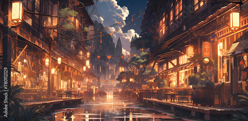 Sunset Canal in a Quaint Japanese Town, anime i llustration