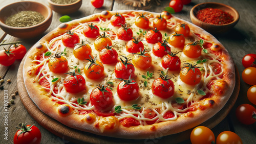 vegetarian pizza topped with juicy cherry tomatoes, creamy mozzarella cheese