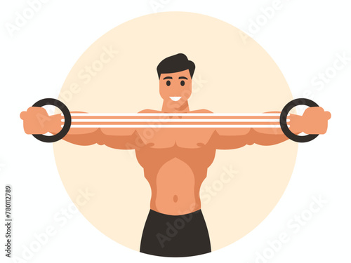 Athlete trains with chest expander. Bodybuilder goes in for sports. Vector graphics