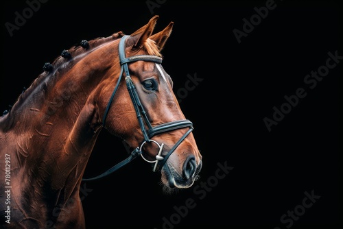 portrait of stunning dressage chestnut gelding horse in bridle isolated on black background