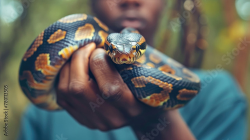 A man is holding a large snake in his hands photo