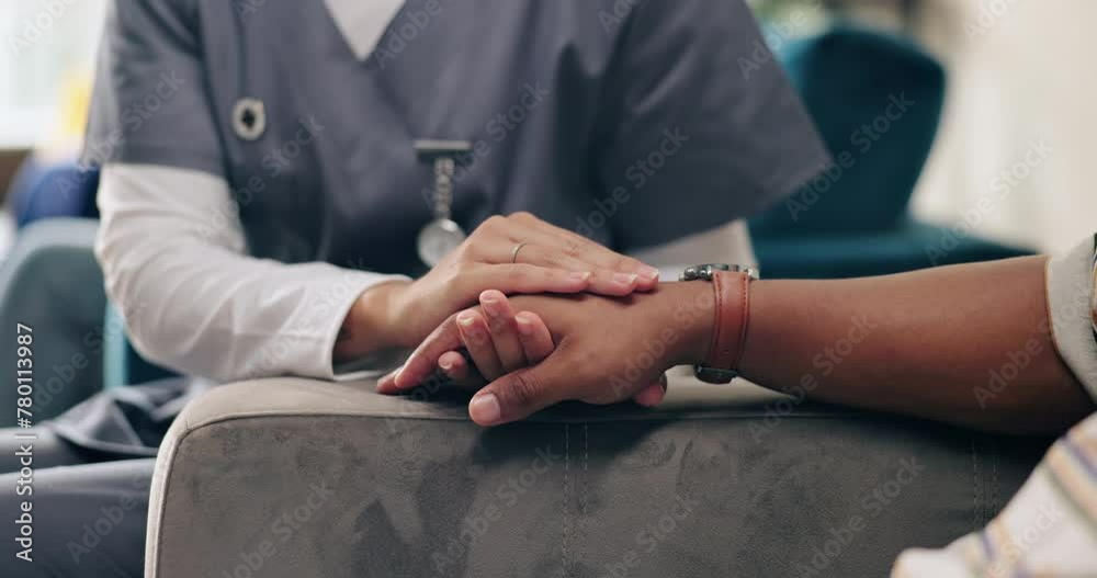Hospital, holding hands and nurse with patient for support, empathy and care for bad news. Healthcare, clinic and health worker with person after diagnosis, medical results and disease for comfort