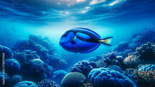 tropical blue tang fish gracefully swimming in crystal-clear blue water photo