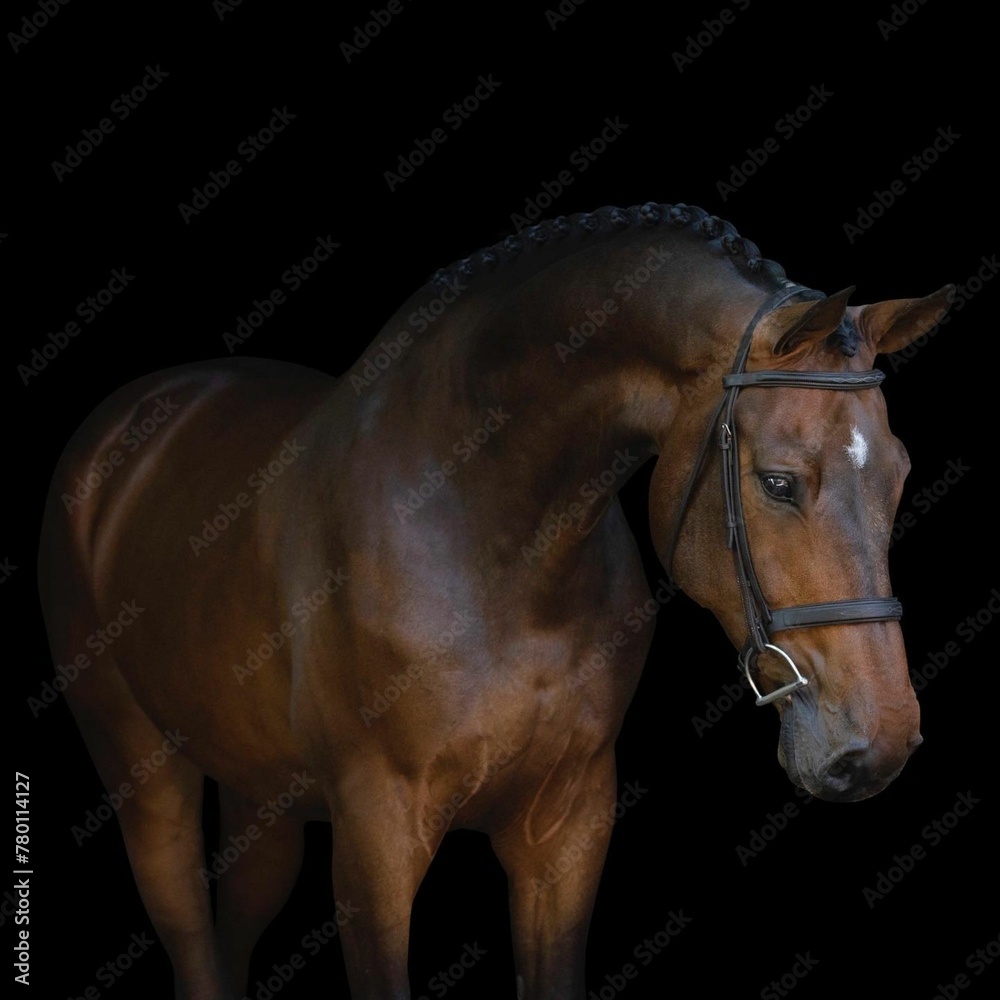 Obraz premiumElegant horse portrait on black backround. horse head isolated on black. Portrait of stunning beautiful horse isolated on dark background. horse portrait close up on black background.studio shot .