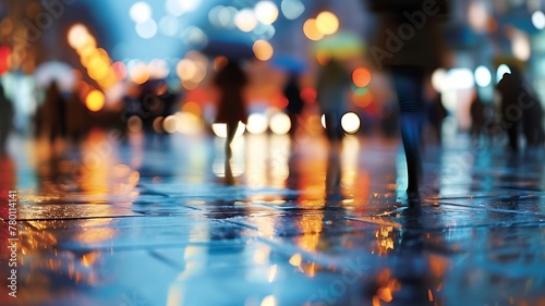 A Vibrant Urban Landscape: Cityscape Buzzing with Activity Amidst a Downpour, Captured in Blur