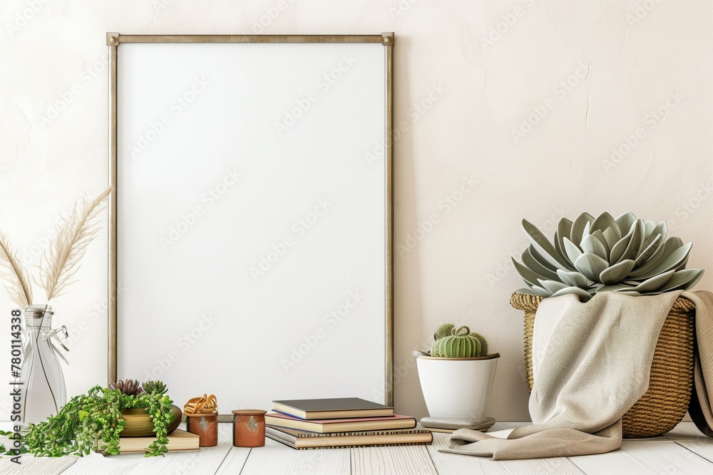 Home interior poster mock up with metal frame. Decorated with plants.