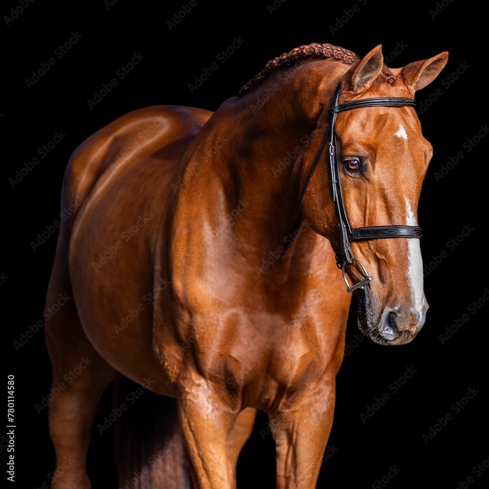 Obraz premiumElegant horse portrait on black backround. horse head isolated on black. Portrait of stunning beautiful horse isolated on dark background. horse portrait close up on black background.studio shot .