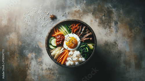 A bowl of bibimbap, the traditional Korean dish, beautifully presented on a concrete background.