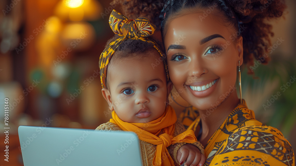 Attractive young dark skinned woman working at desk at home using laptop, holding baby on her laptop Attractive young dark skinned woman working at desk at home using laptop, holding baby on her laptop