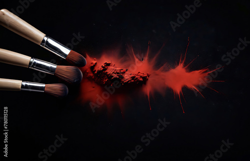 makeup brushes with powder explosion, brushes dusting, black background