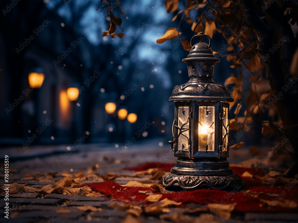 Old street lantern shines amid bright lights, evoking magic Old street lantern shines amid bright lights, evoking magic