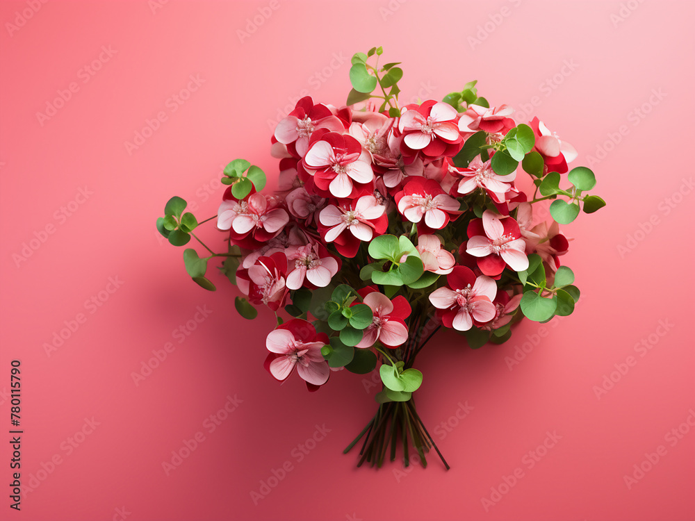 A bouquet of red clovers arranged vertically on a pink background, providing room for text - obrazy, fototapety, plakaty 