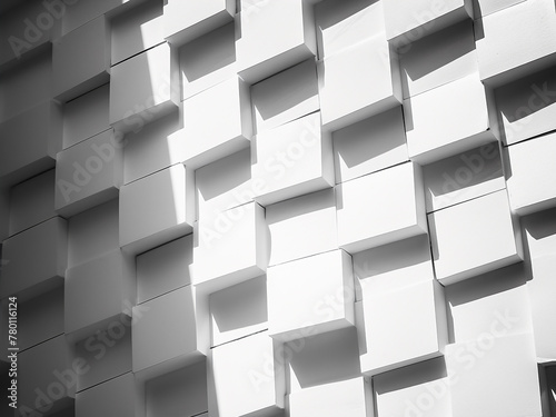 Diagonal patterns of sunlight adorn a white brick wall in abstract form