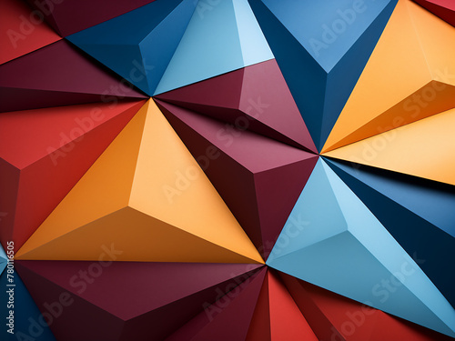 Geometric shapes crafted from colored paper create an abstract background