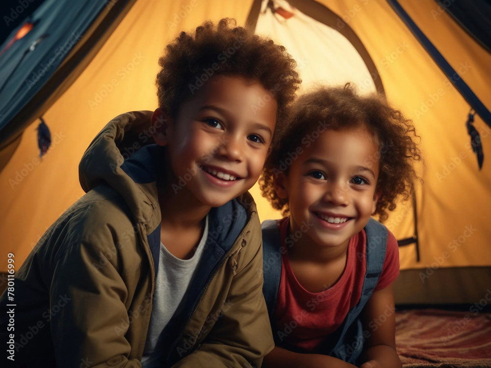 Fototapeta premium Multiethnic elementary children sitting together on a camping tent entrance at night on a summer camp sustainable vacations
