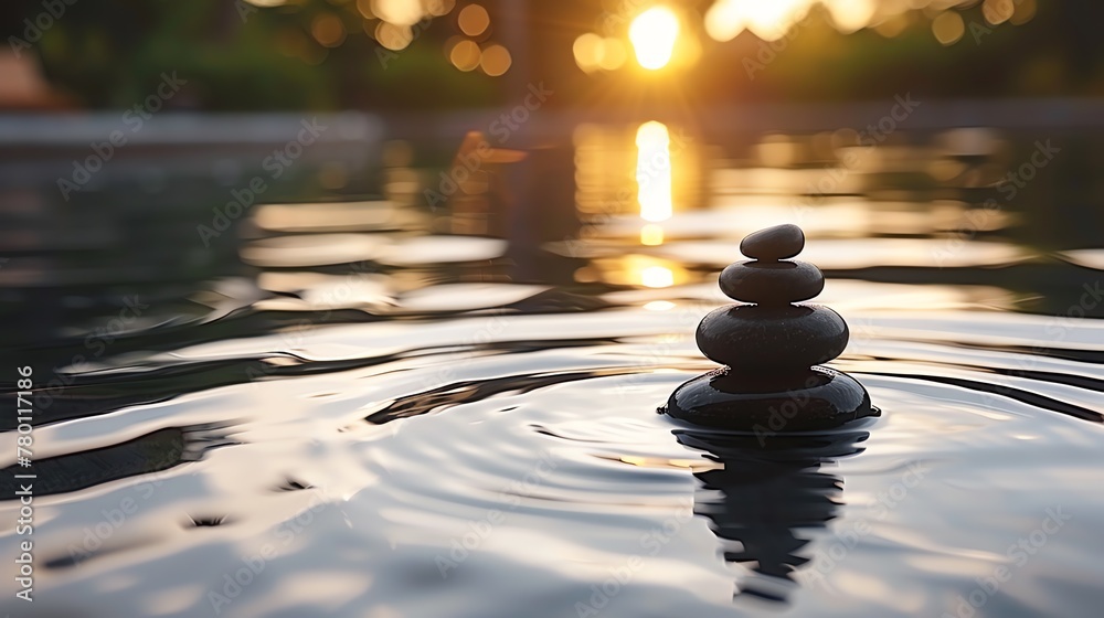 A tranquil scene of stacked stones in perfect balance on the water’s ...