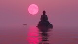 A serene Buddha statue sits in meditation against a vibrant pink moonrise, reflecting over tranquil waters, evoking a sense of peace and spiritual solace.